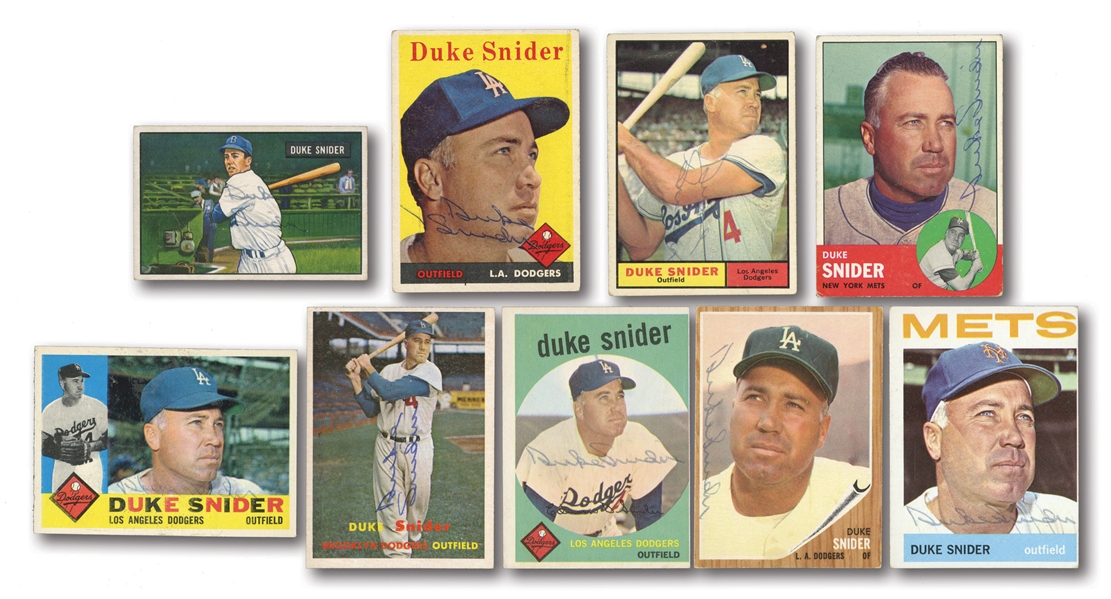 DUKE SNIDER LOT OF (9) AUTOGRAPHED BASEBALL CARDS INCL. 1951 BOWMAN #32 AND 1957-64 TOPPS ISSUES